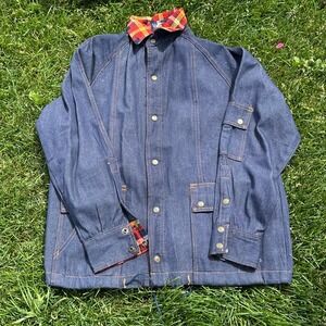 Valley Co Womens Vintage Denim Utility Chore Jacket Blue Plaid Lined Large